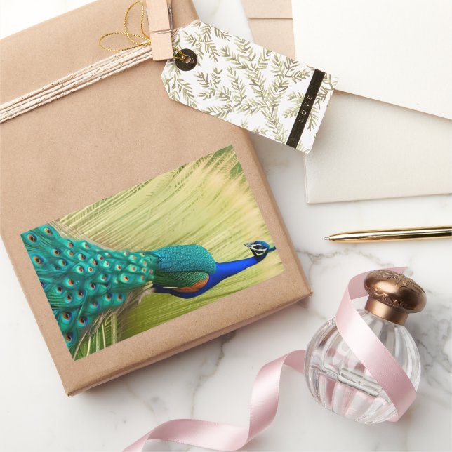 Blue Peacock in grass Rectangular Sticker (Gifting)