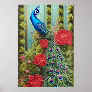 Blue Peacock in Rose and Fern Garden Poster