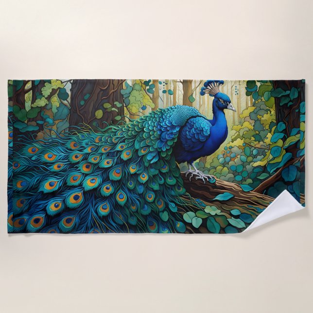Blue Peacock in the forest Beach Towel (Front)