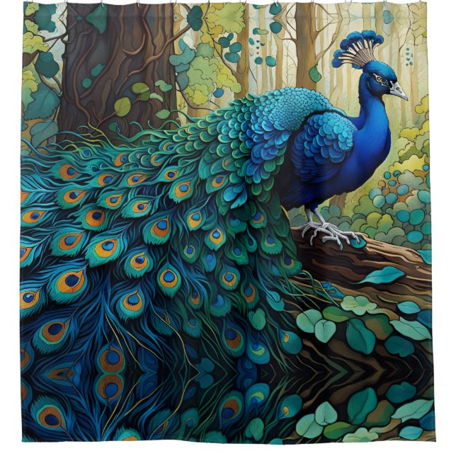 Blue Peacock in the forest Shower Curtain (Front)