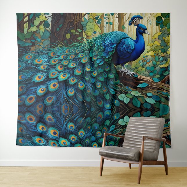 Blue Peacock in the forest Tapestry (In Situ (Horizontal))