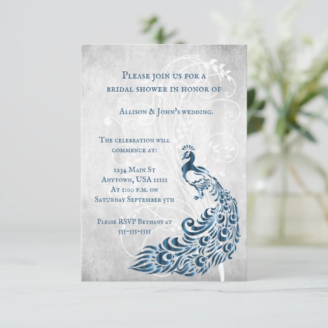 Blue Peacock Leaf Vine Bridal Shower Invite (Standing Front)
