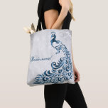 Blue Peacock Leaf Vine Bridesmaid Tote Bag<br><div class="desc">Personalise a all over print bag for your bridesmaids with a Blue Peacock Leaf Vine Bridesmaid's Tote Bag. Tote design features a light grey grunge background with a vibrant blue peacock with a leaf vine embellishment. Personalise with the bridesmaid's name or keep the bridesmaid title. Additional wedding stationery and gifts...</div>