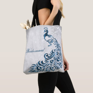 Blue Peacock Leaf Vine Bridesmaid Tote Bag