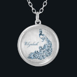 Blue Peacock Leaf Vine Necklace<br><div class="desc">Personalise a unique gift for your bridesmaids with a Blue Peacock Leaf Vine Necklace. Necklace design features a light grey grunge background with a vibrant blue peacock with a leaf vine embellishment. Personalise with the bridesmaid's name for a cherished reminder of your big day. Additional wedding stationery available with this...</div>