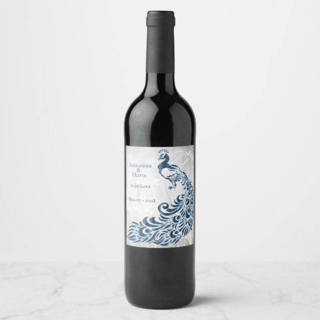 Blue Peacock Leaf Vine Wedding Wine Label (Front)