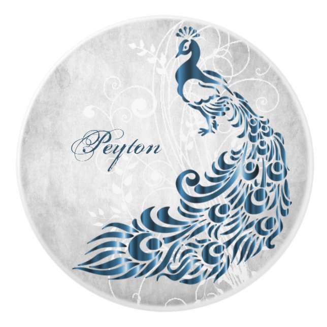 Blue Peacock Personalised Ceramic Pull (Front)