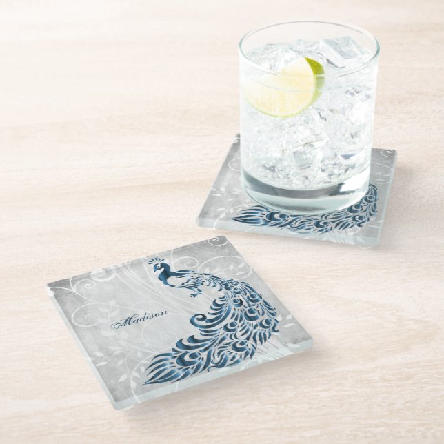 Blue Peacock Personalised Glass Coaster (Angled)