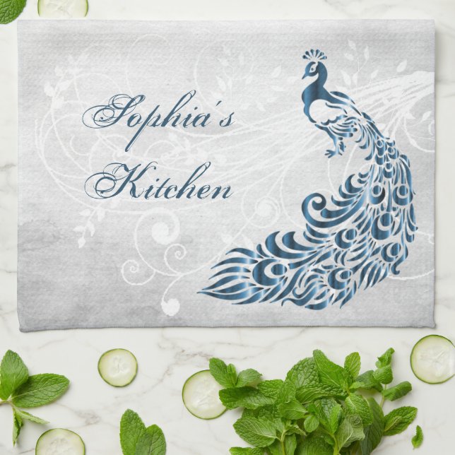 Blue Peacock Personalised Kitchen Towel (Folded)