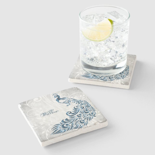 Blue Peacock Personalised Stone Coaster (Side)