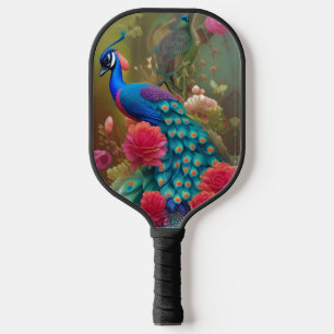 Blue Peacock, Pink Rose Garden Pickleball Paddle