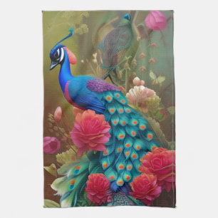 Blue Peacock, Pink Rose Garden Tea Towel