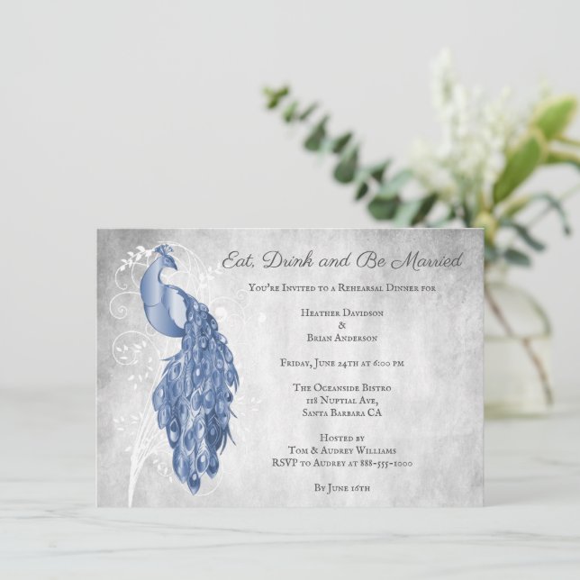 Blue Peacock Rehearsal Dinner Invitation (Standing Front)