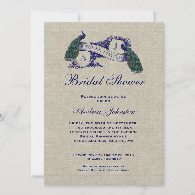 Blue Peacock Rustic Linen | Bridal Shower Invitation (Front)