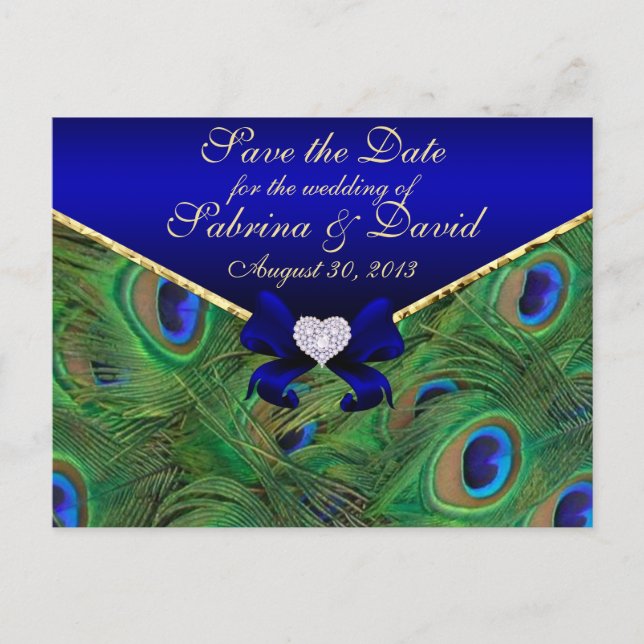 BLUE Peacock Save the Date Postcard Blue (Front)