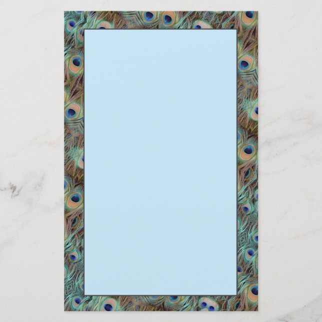 Blue Peacock Tail Feather Design Stationary Sheet (Front)