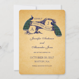 Blue Peacock Vintage Save the Date Announcement
