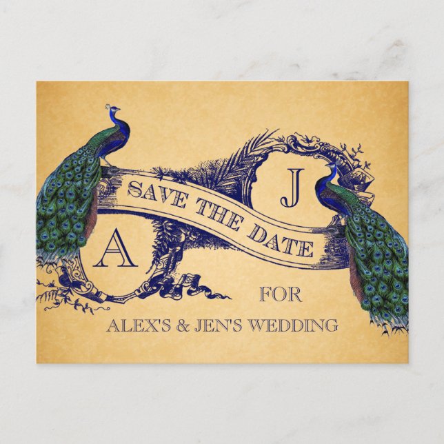 Blue Peacock Vintage Save the Date Postcard (Front)