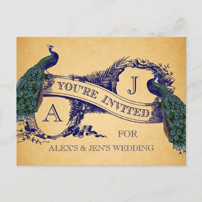 Blue Peacock Vintage Wedding Invitation Postcard (Front)