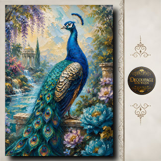 Blue Peacock Water Garden Decoupage Tissue Paper