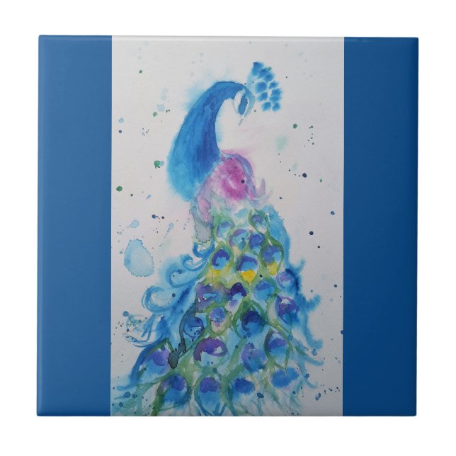 Blue Peacock Watercolor Navy Blue Bird Birds Tile (Front)