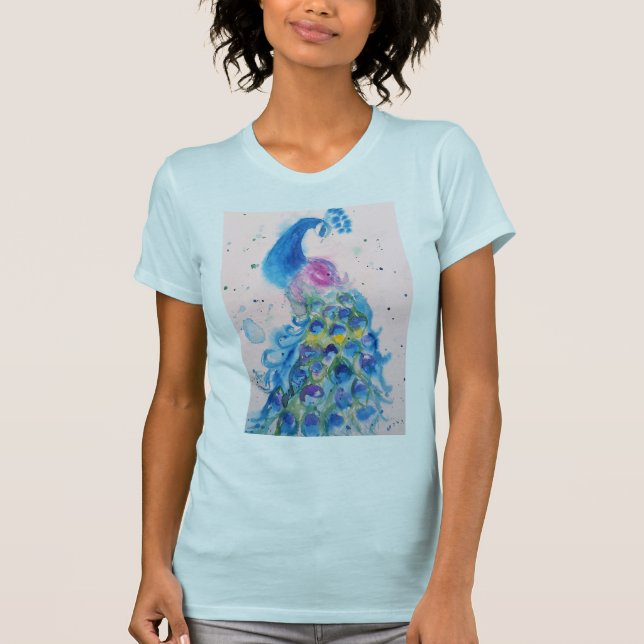 Blue Peacock Watercolor painting art Womens T-Shirt (Front)
