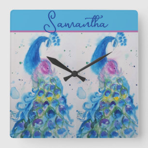 Blue Peacock Watercolor painting Girls Name Square Wall Clock