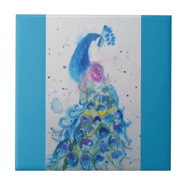 Blue Peacock Watercolor Teal Blue Bird Birds Tile (Front)