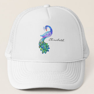 Blue peacock watercolor trucker hat