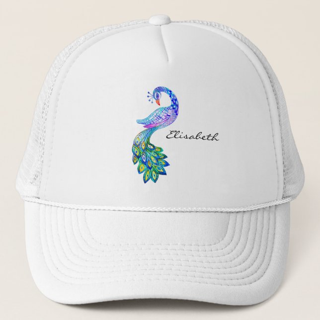 Blue peacock watercolor trucker hat (Front)