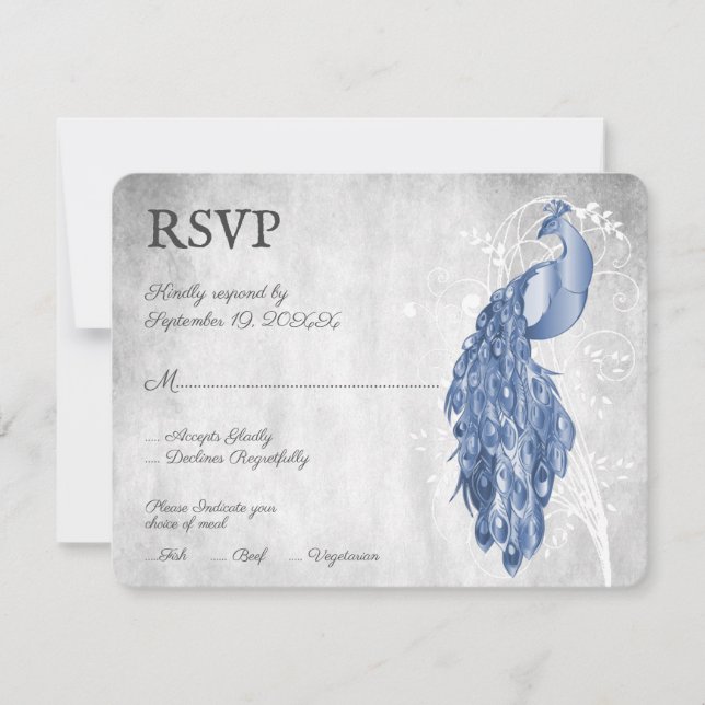 Blue Peacock Wedding RSVP Card (Front)