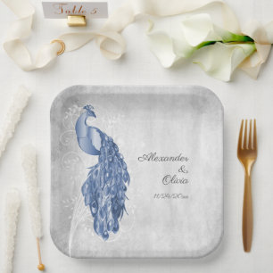 Blue Peacock Wedding Shower Paper Plates