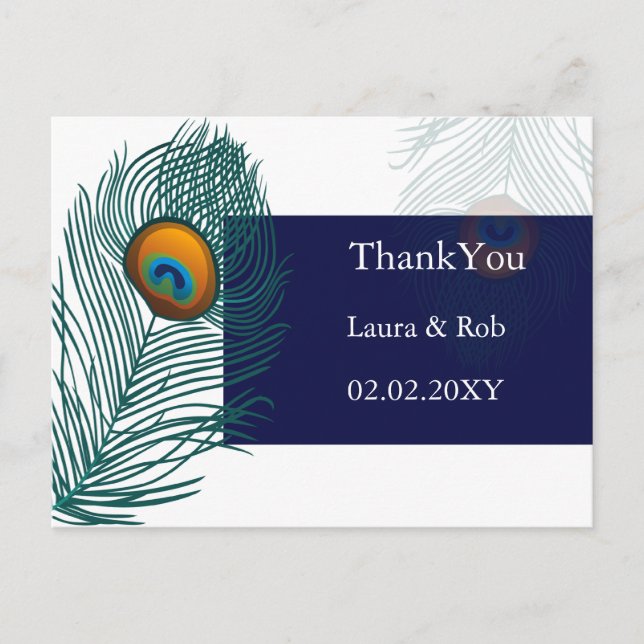 blue peacock wedding Thank You Postcard (Front)