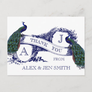 Blue Peacock Wedding Thank You Postcard