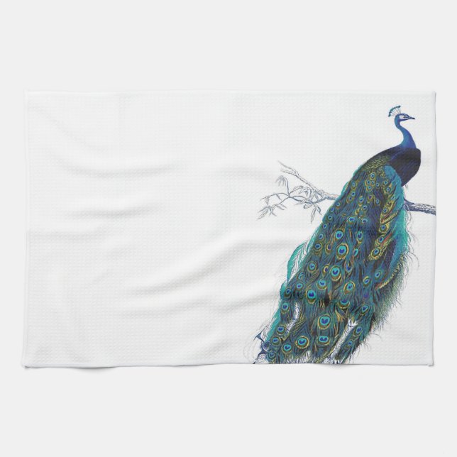 Blue Peacock with beautiful tail feathers Tea Towel (Horizontal)
