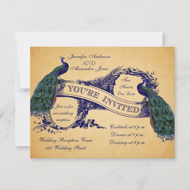 Blue Peacocks Vintage Wedding Reception Invitation (Front)