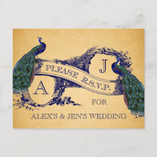Blue Peacocks Vintage Wedding RSVP Postcard 2