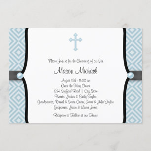 Blue Pearl Cross Black Blue Christening Invitation
