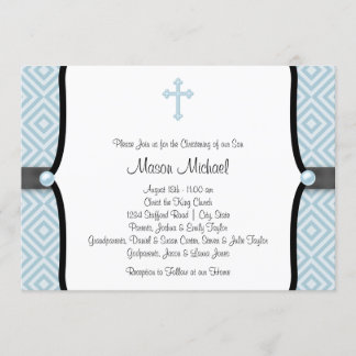 Blue Pearl Cross Black Blue Christening Invitation