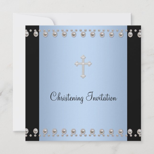 Blue Pearl Cross Black Blue Christening Invitation (Front)