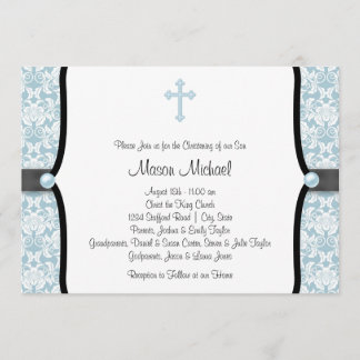 Blue Pearl Cross Blue Black Damask Christening Invitation