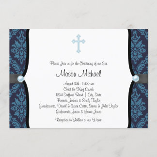 Blue Pearl Cross Blue Black Damask Christening Invitation