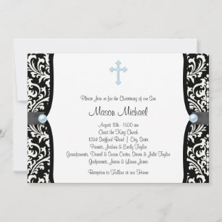 Blue Pearl Cross Blue Black Damask Christening Invitation