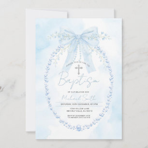 Blue Pearl Frame Baptism Christening Invitation