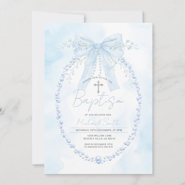 Blue Pearl Frame Baptism Christening Invitation (Front)