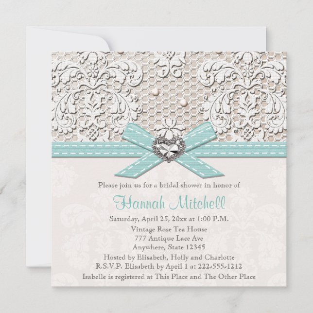 Blue Pearl Lace Diamond Bridal Shower Invitations (Front)