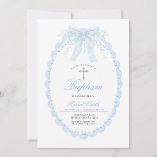 Blue Pearl Oval Baptism Boy Christening with Cross Invitation
