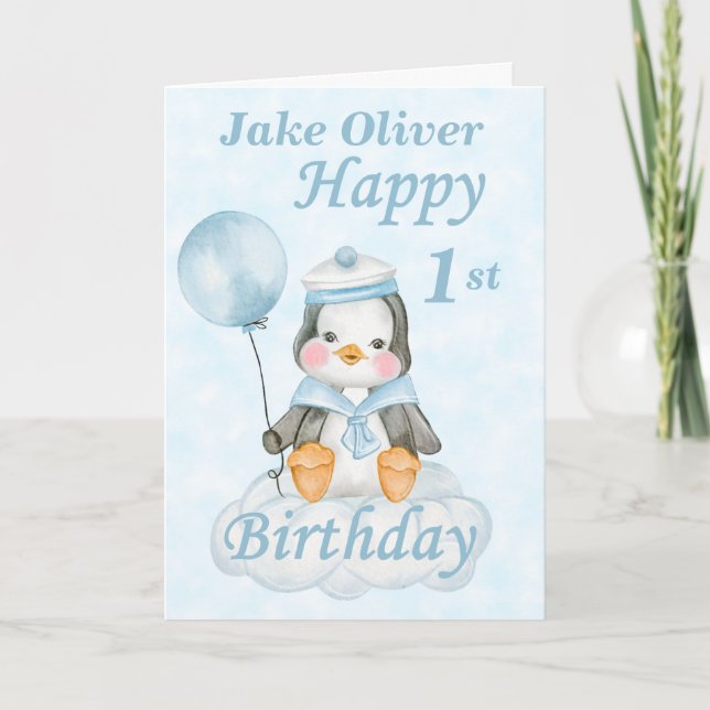 Blue Penguin 1st Birthday Card (Front)