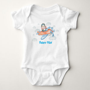 Blue Penguin Animal Aeroplane Pilot Baby Bodysuit