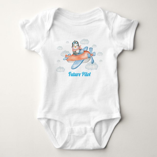Blue Penguin Animal Aeroplane Pilot Baby Bodysuit (Front)